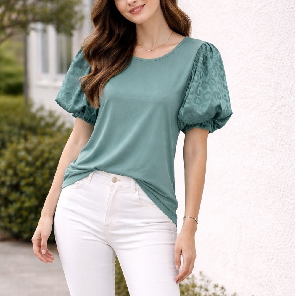 Sterling Kreek Puff Sleeve Top Womens S‎ Teal Leopard Print Balloon Sleeve Good